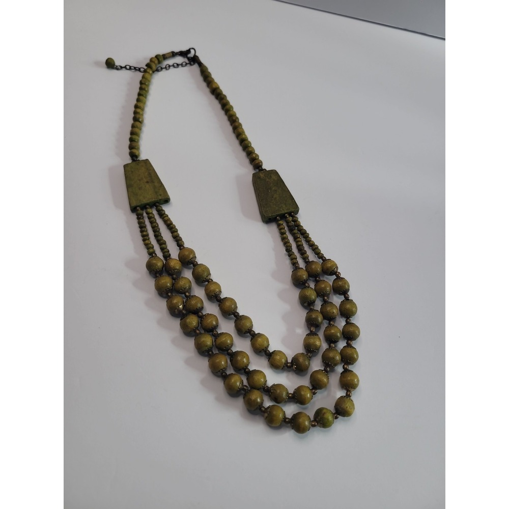 Green Multi Strand Beaded Necklace Olive Statement Boho Tribal Style Jewelry - Picture 8 of 9
